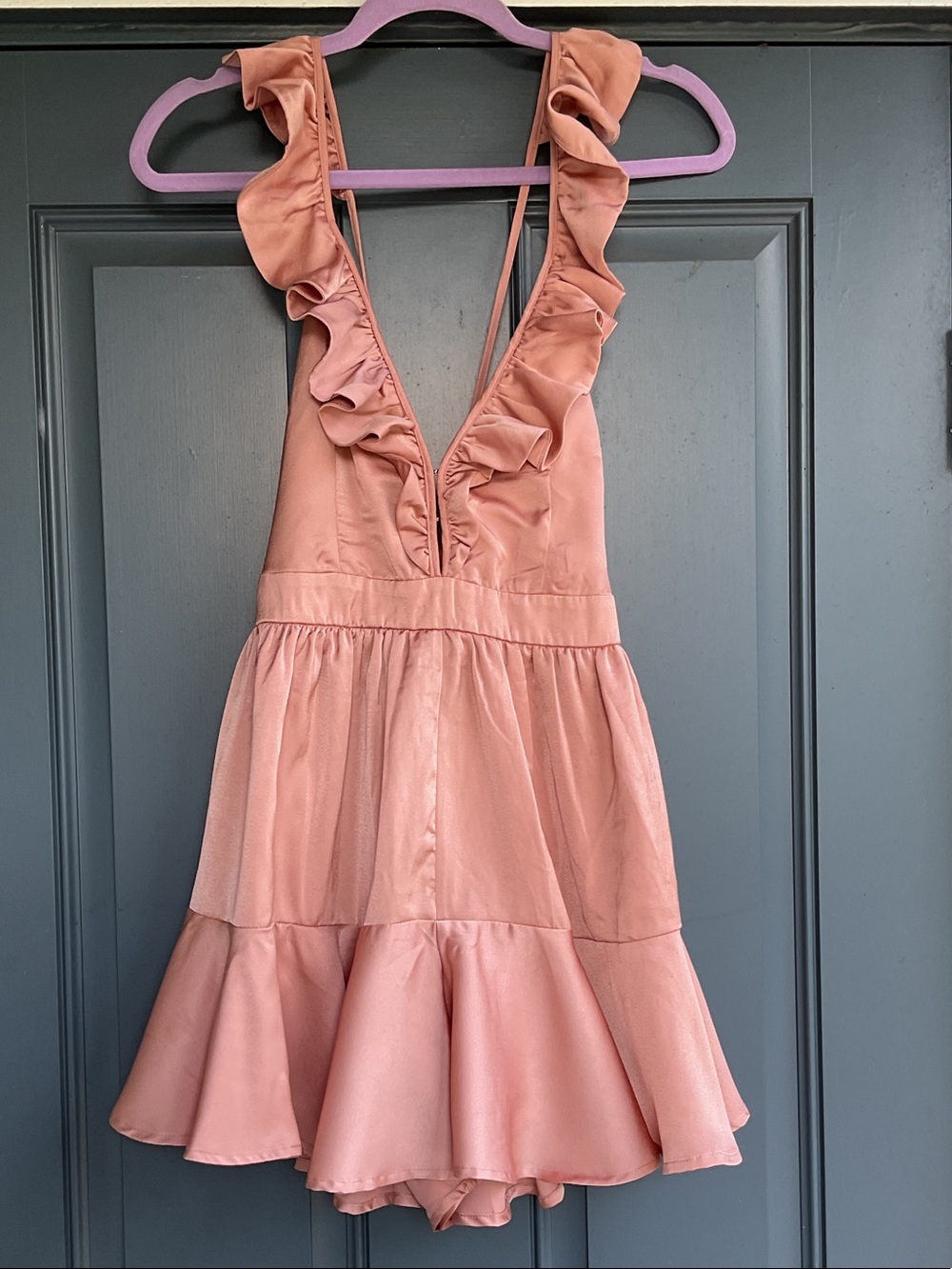 Fashion Nova Blush Pink Ruffle V-Neck Tiered Dress/Romper, Size S